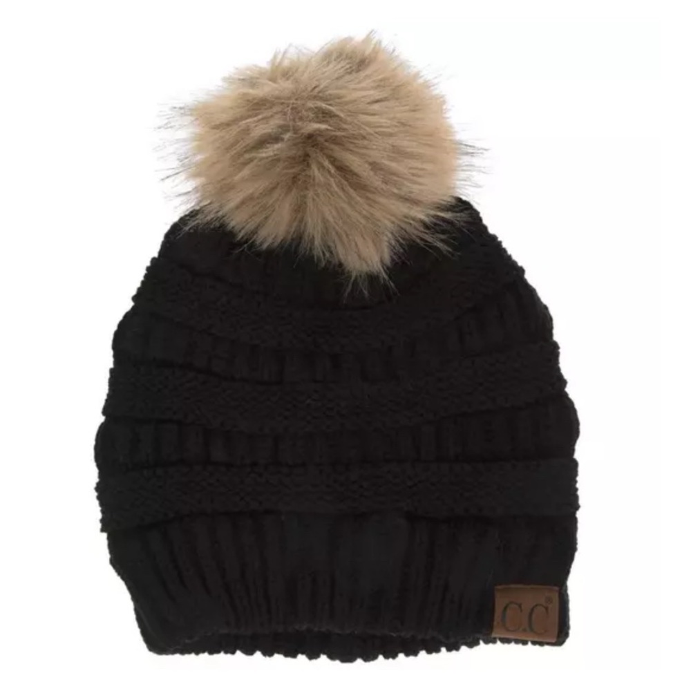C.C Black Knit Beanie with Tan Pom
